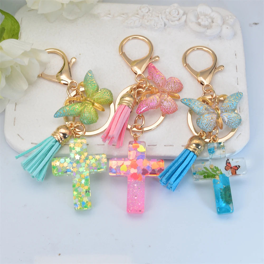 Multi-Color Cross & Butterfly Resin Keychain – Christian Gift