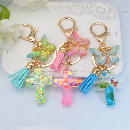 Multi-Color Cross & Butterfly Resin Keychain – Christian Gift