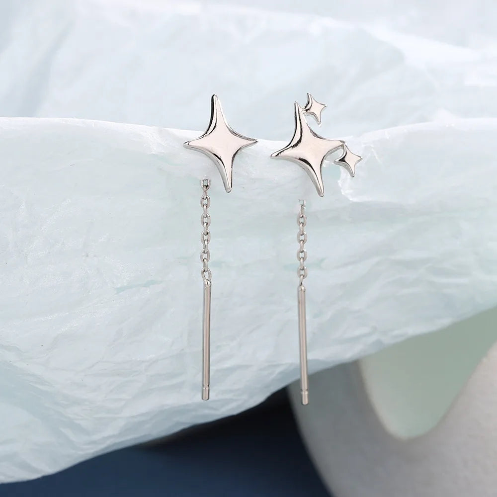 Dainty Silver Star Tassel Drop Earrings for Women