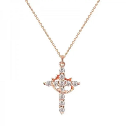 Rotatable Crown Cross Rhinestone Pendant Necklace