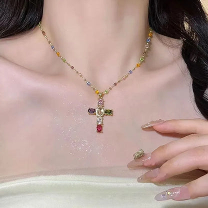Multi-colorful Zircon Cross Pendant Necklaces