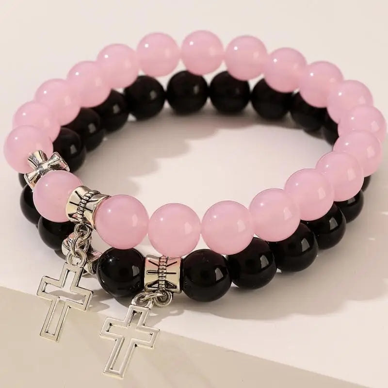 2Pcs/Set Pink Crystal Beads Bracelet
