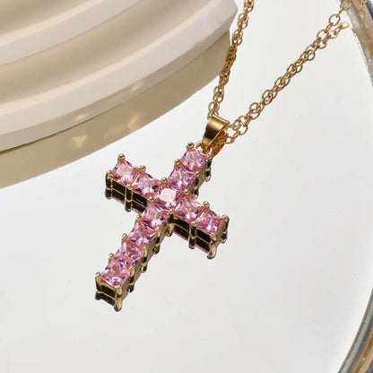 Baby Pink Crystal Cross Pendant Necklace