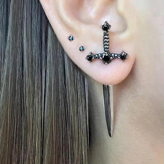 Black Silver Cross Sword Stud Earrings