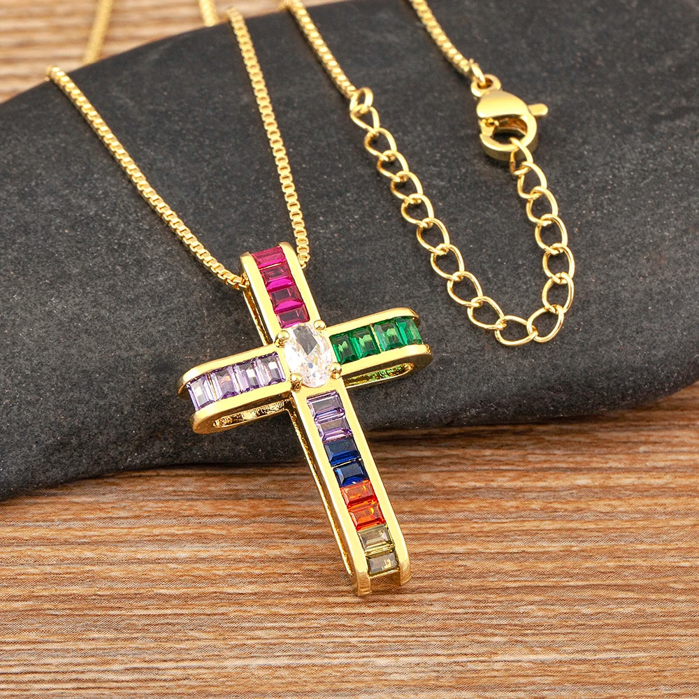 Colorful Rhinestone Cross Shape Pendant Necklace