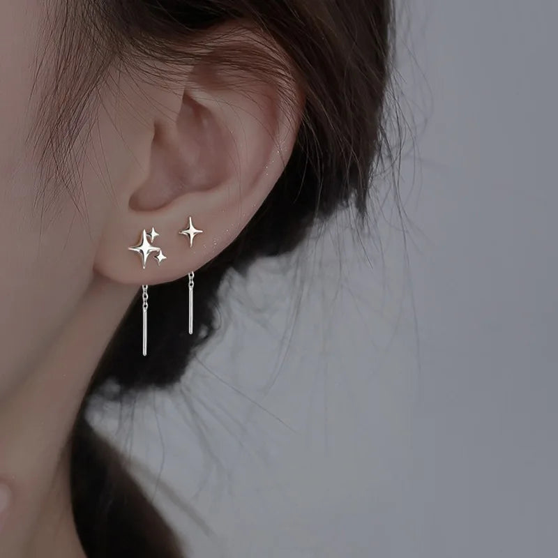 Dainty Silver Star Tassel Drop Earrings for Women
