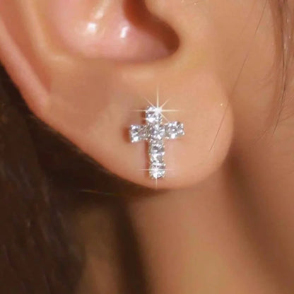 Cross Silver Rhinestone Stud Earrings for Women