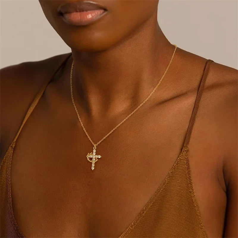 Rotatable Crown Cross Rhinestone Pendant Necklace