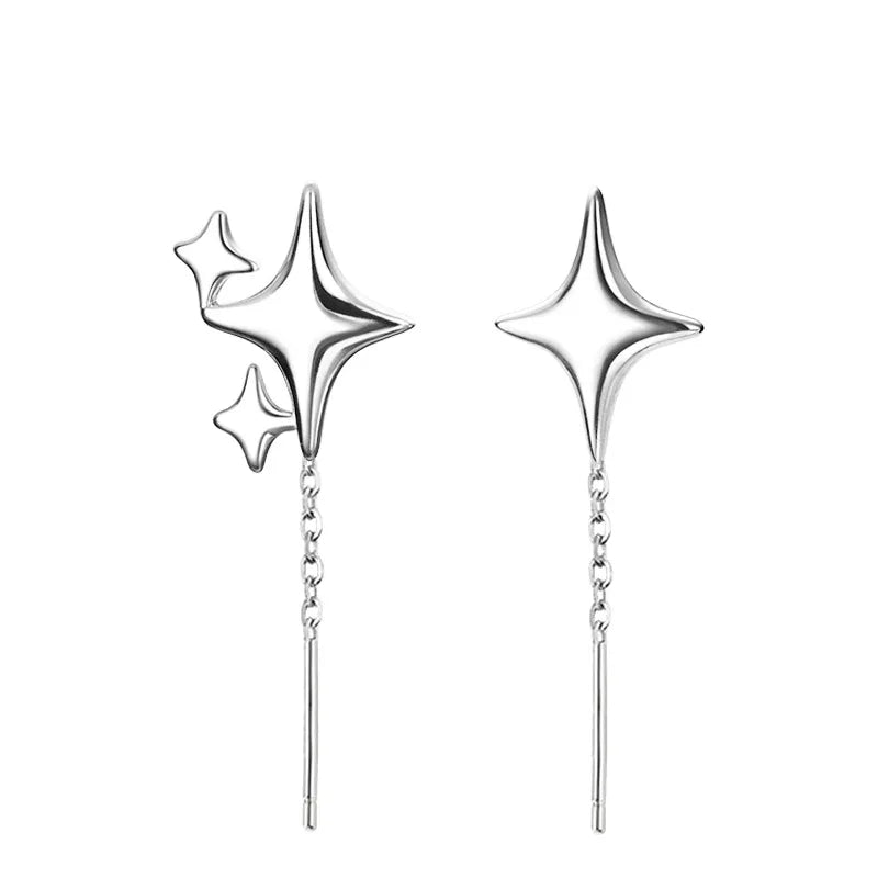 Dainty Silver Star Tassel Drop Earrings for Women