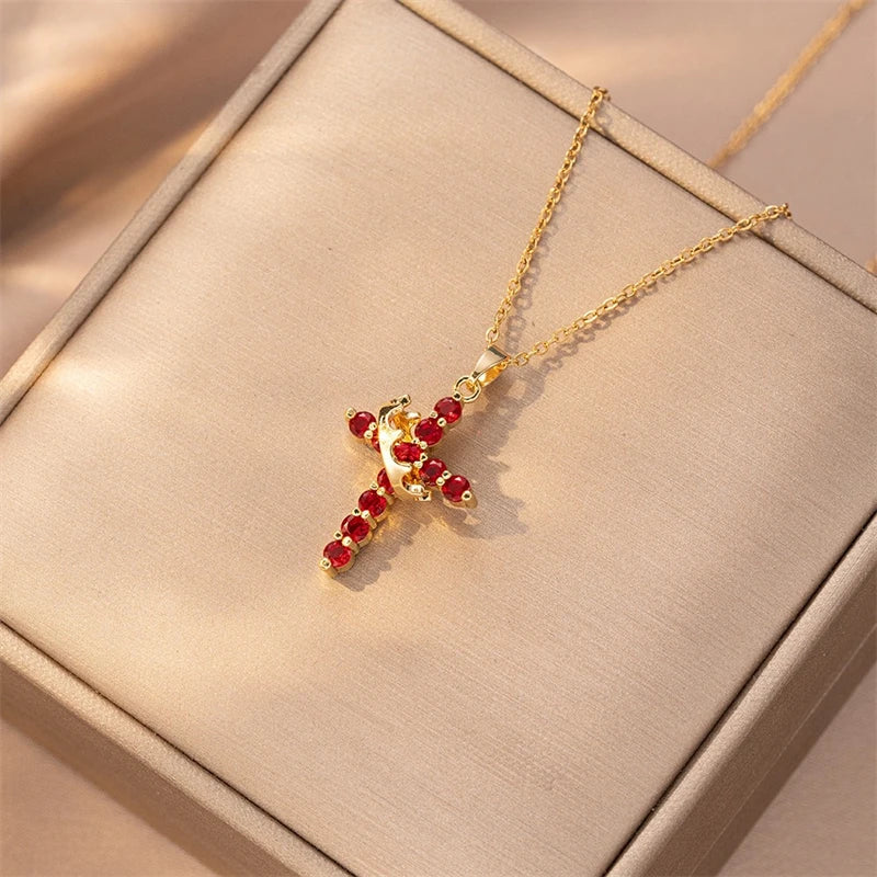 Colorful Crystal Crown Cross Pendant Necklace for Women