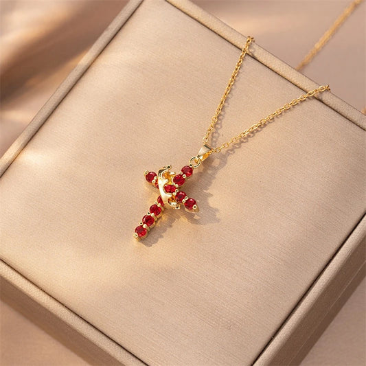 Colorful Crystal Crown Cross Pendant Necklace