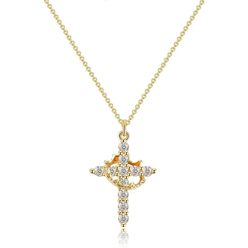 Rotatable Crown Cross Rhinestone Pendant Necklace