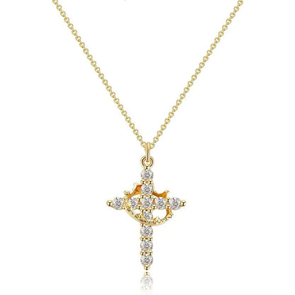 Rotatable Crown Cross Rhinestone Pendant Necklace