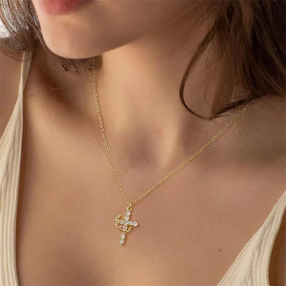 Rotatable Crown Cross Rhinestone Pendant Necklace