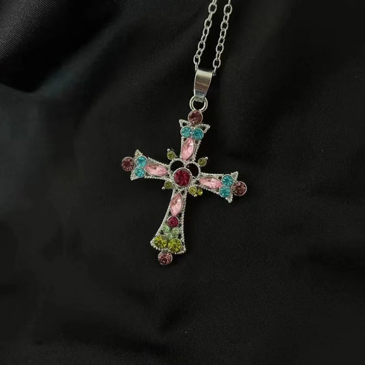 Multi-color Vintage Stone Cross Pendant Necklace