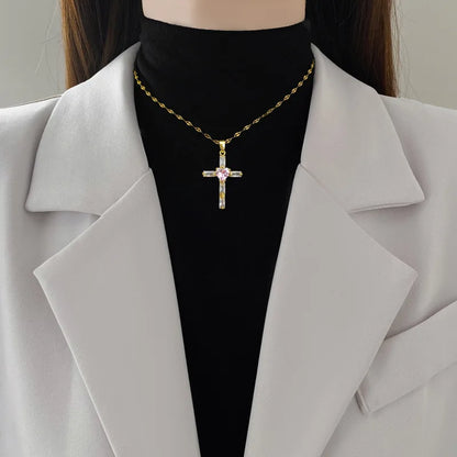 Light Pink Heart Cross Pendant Necklace