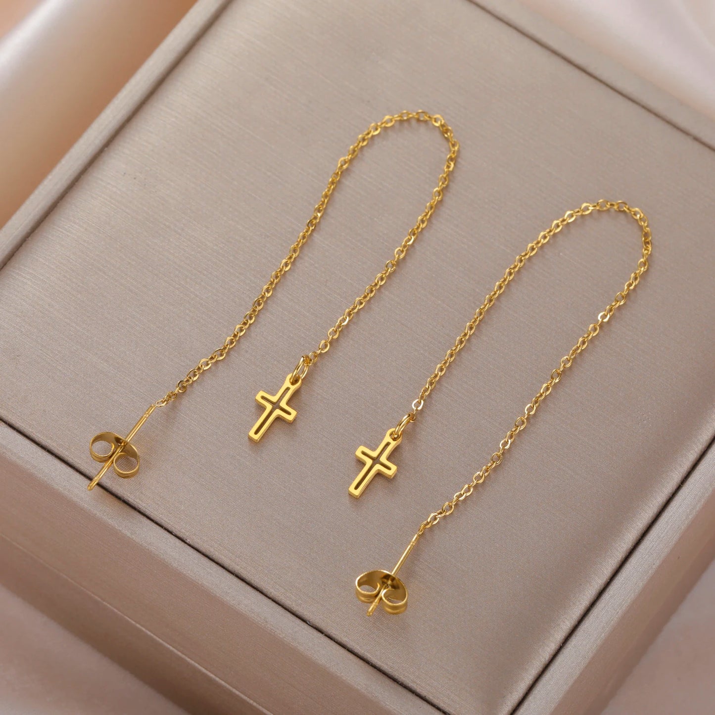 Gold Cross Long Tassel Earrings