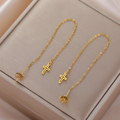 Gold Cross Long Tassel Earrings