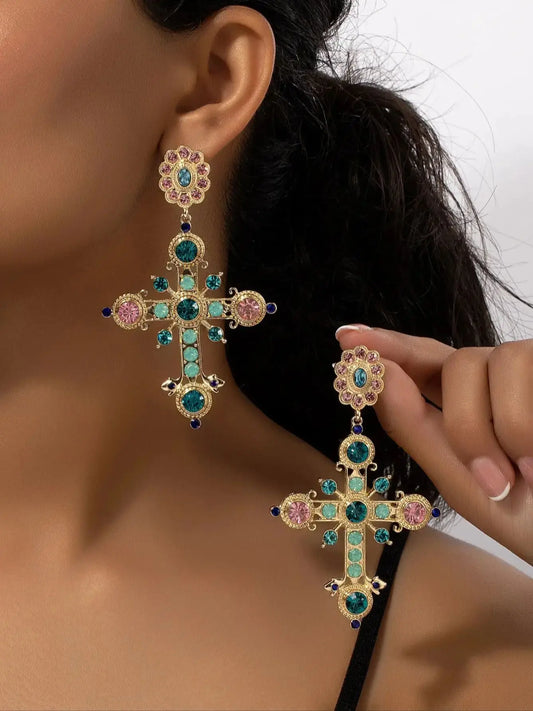 Multicolored Luxurious Stone Cross-Shaped Earrings