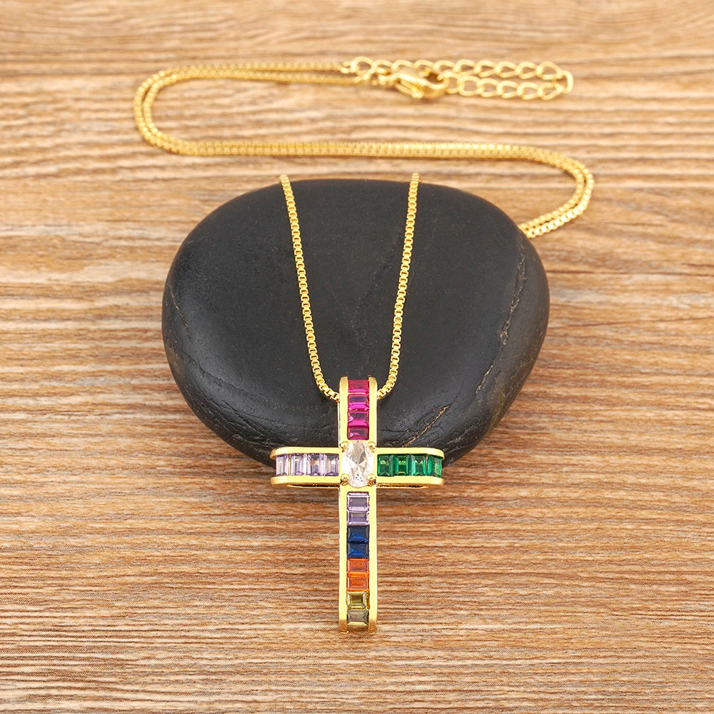 Colorful Rhinestone Cross Shape Pendant Necklace