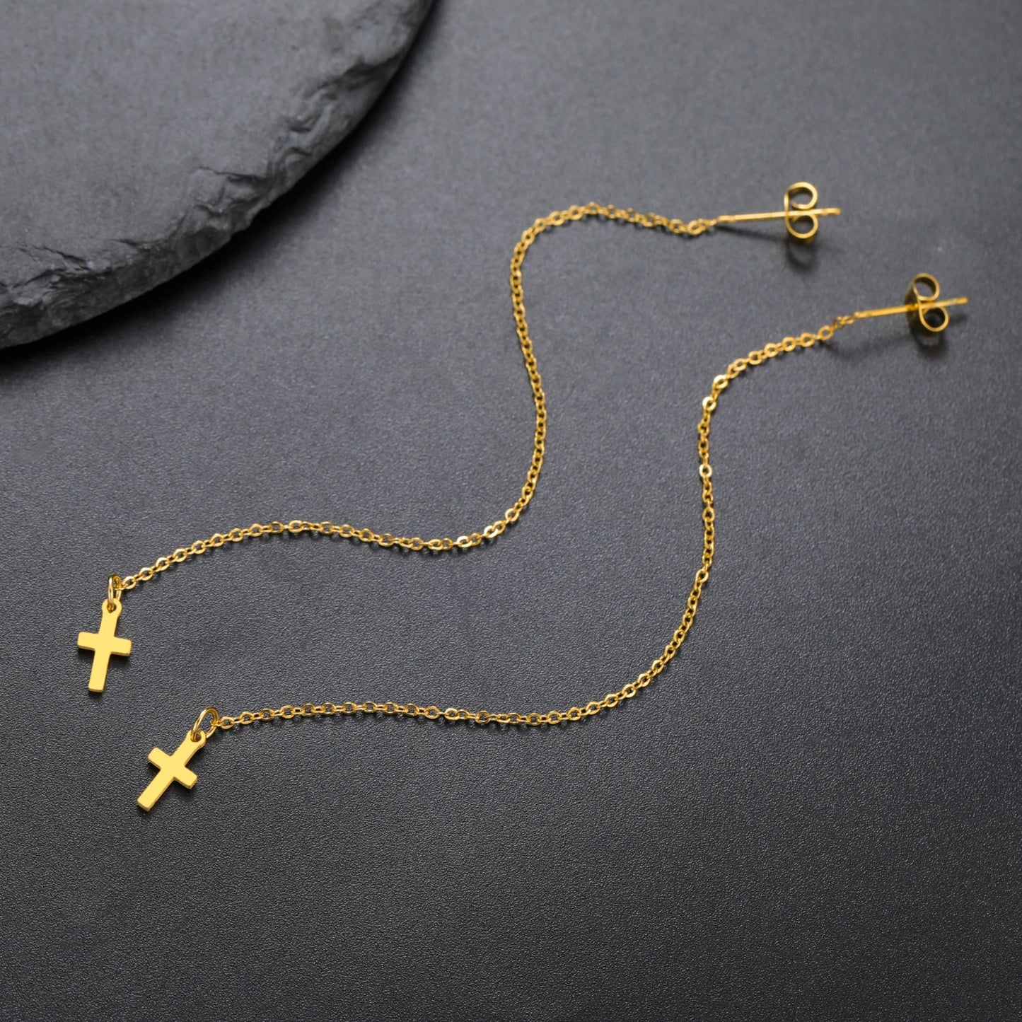 Gold Cross Long Tassel Earrings