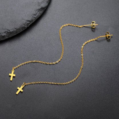 Gold Cross Long Tassel Earrings