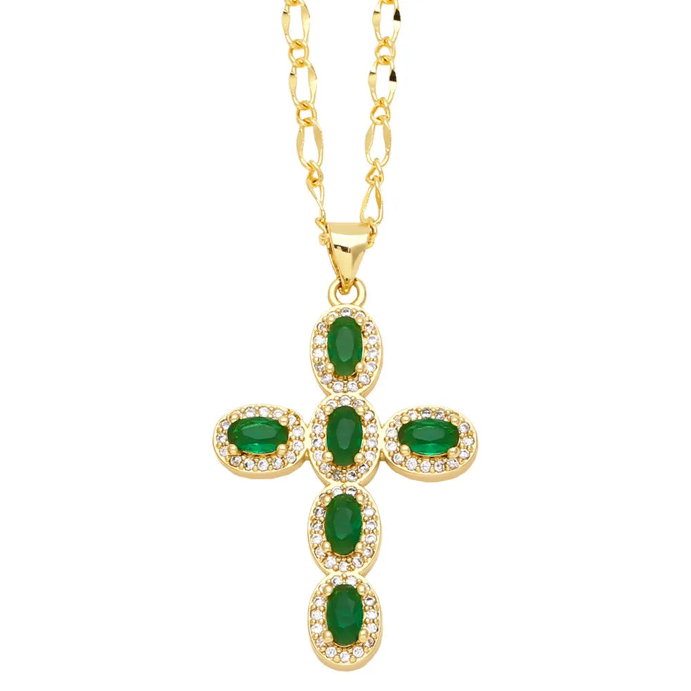 Colorful Round Zircon Cross Necklace for Women