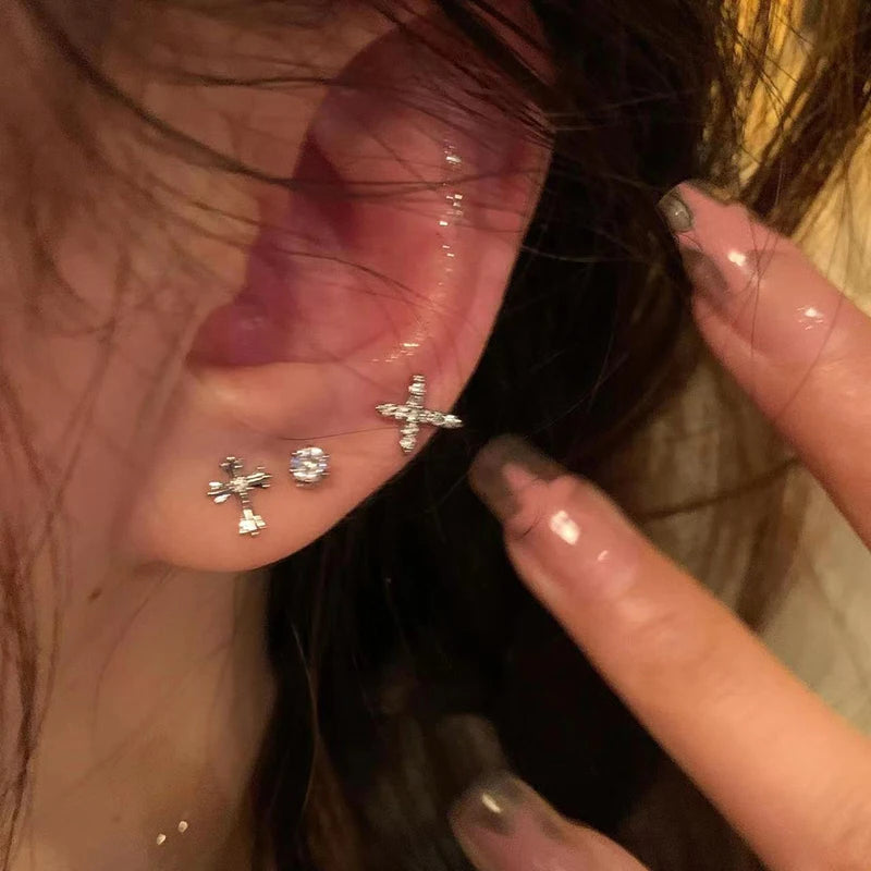 6PCS Silver Rhinestone Cross Set Earrings