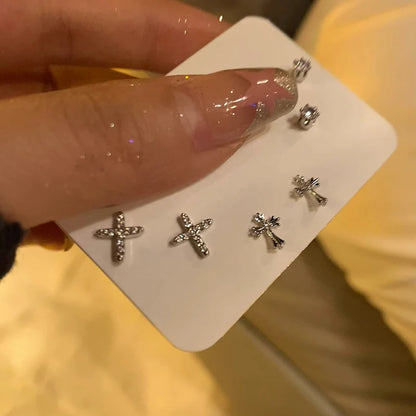 6PCS Silver Rhinestone Cross Set Earrings