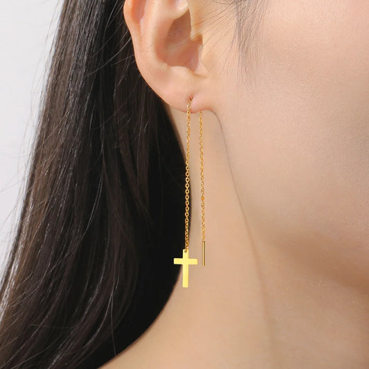 Gold Cross Long Tassel Earrings