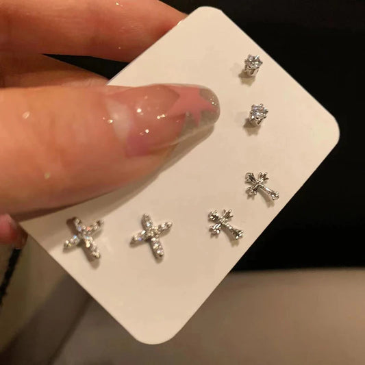 6PCS Silver Rhinestone Cross Set Earrings